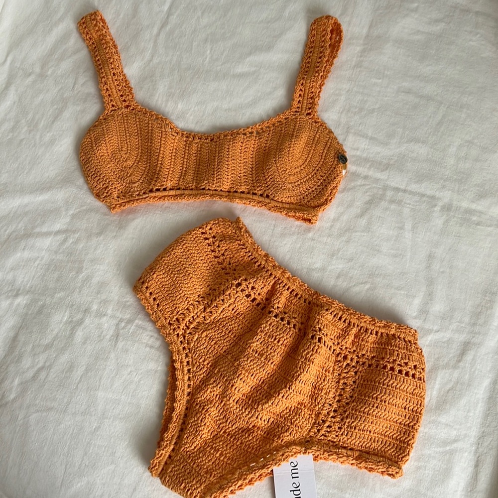 New Free People x She Made Me Essential Crocheted Bikini Set Orange Medium